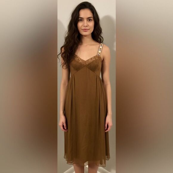CATHERINE MALANDRINO Brown Silk Embroidered Trim Macrame Pleats Sundress Small 4 - Picture 1 of 6